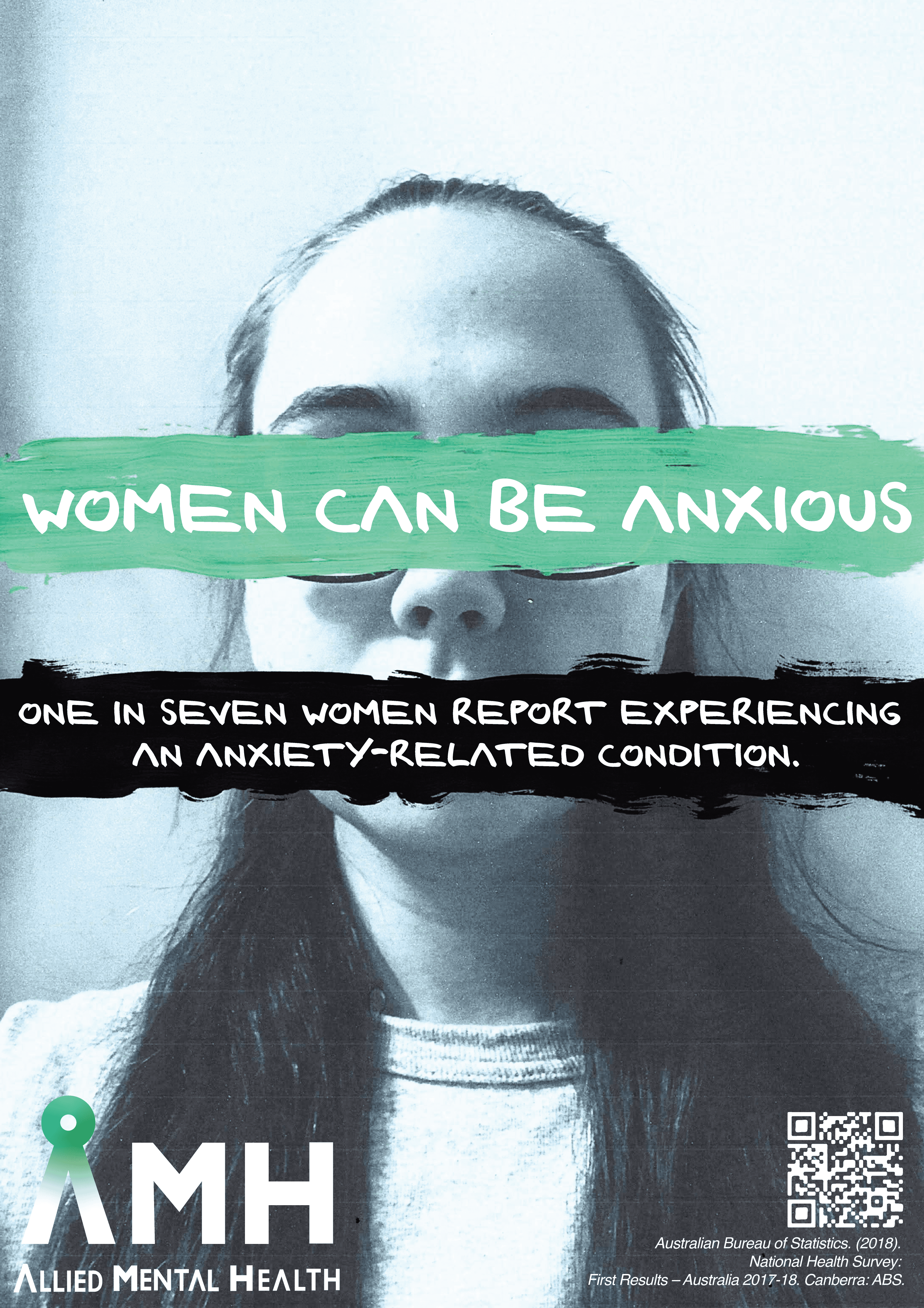 An black and white image of a young woman with very long straight hair. The eyes are covered with aqua paint, with text saying 'Women can be anxious' over it.