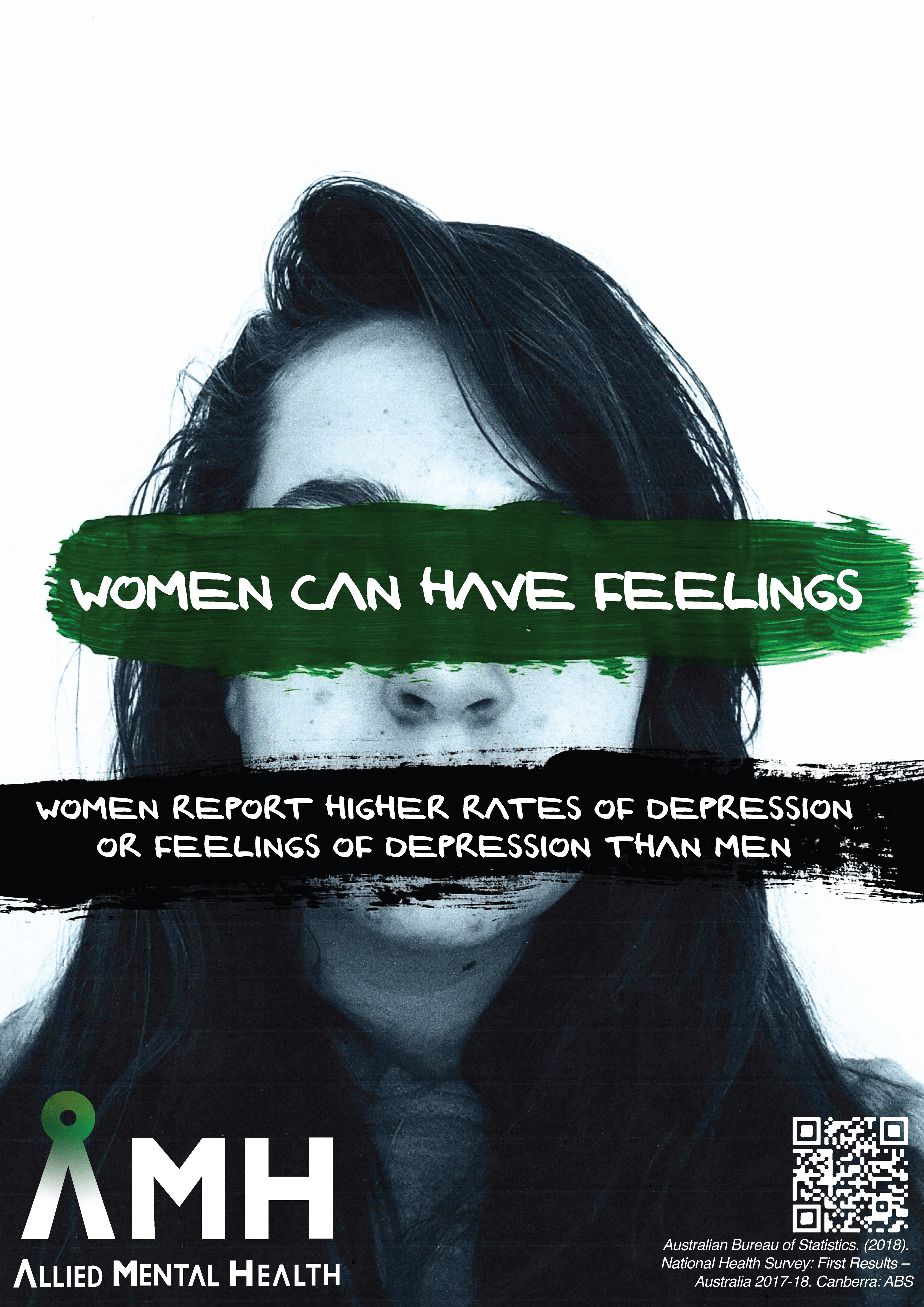 An black and white image of a young woman with long curly hair. The eyes are covered with dark green paint, with text saying 'Women can have feelings' over it.