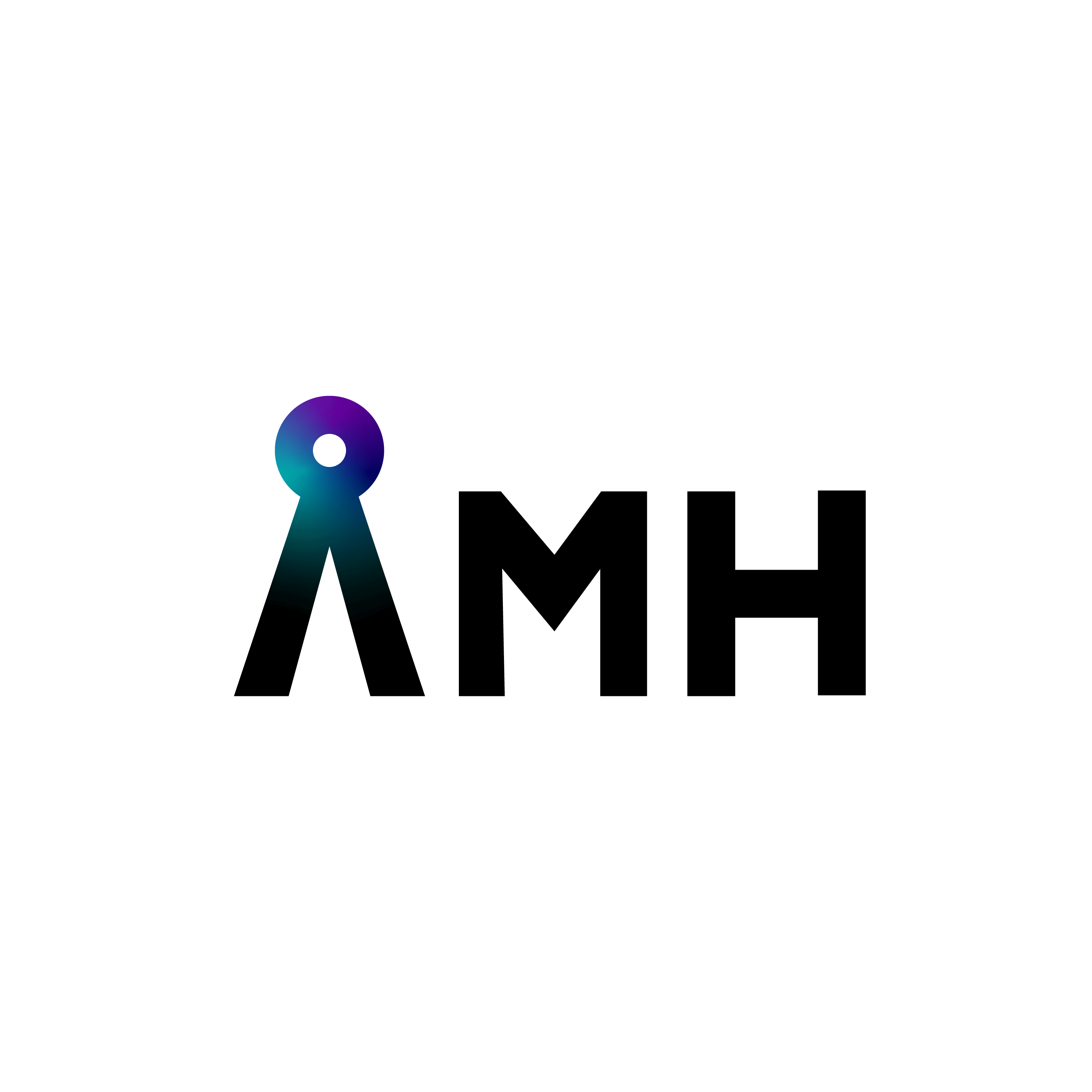 An image of a black A, M and H on a white background. The top of the A is replaced with a circle with purple and blue gradient.