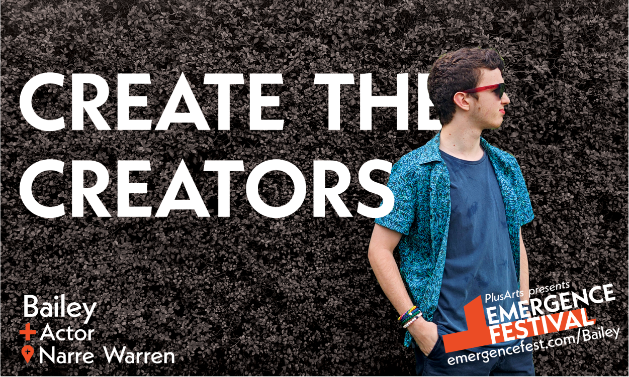 An image of a young man standing infront of a black and white background. There is big white text saying 'Create the Creators' behind the man as well as text on the corners of the image.