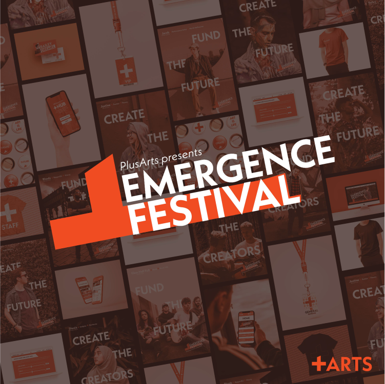 An image of an orange logo with the text 'PlusArts present: EmergenceFest' on the logo. THe background features images of people and objects tinted orange.