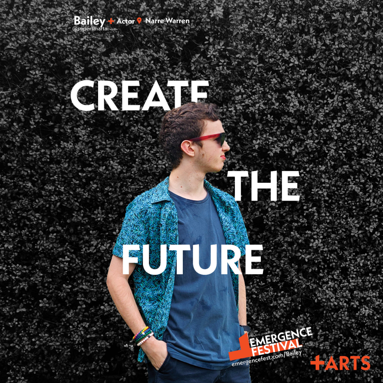 An image of a young man with red sunglasses on a black and white background of bushes. There is text saying 'Create the Creators' behind the young man.