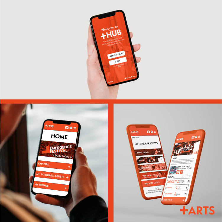 An image of 3 phones with images of the PlusArts Hub mobile app on it, which has orange images and white text.