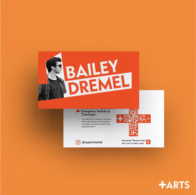 An image an orange and white business card with an image of a young man on it.