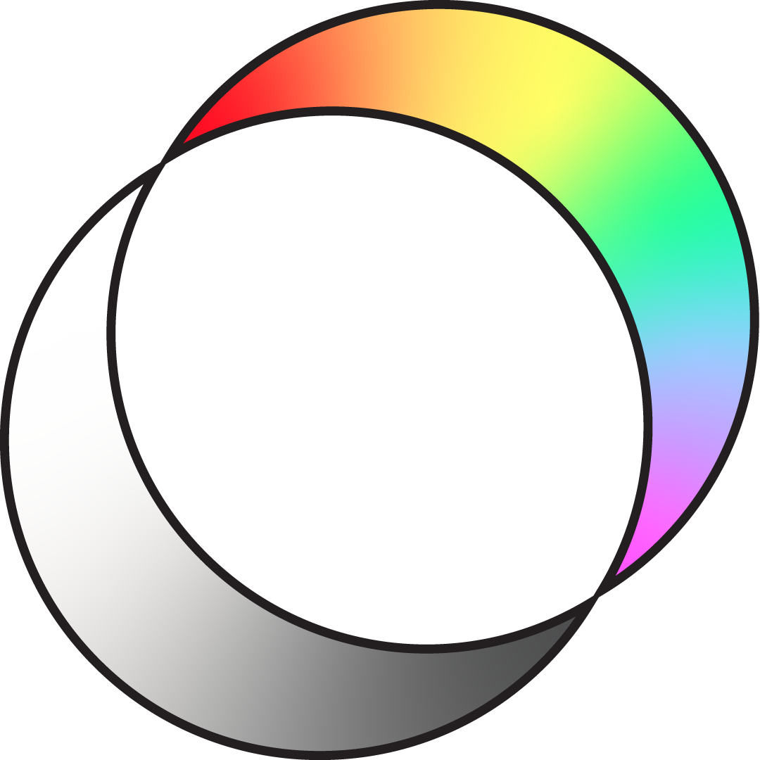 An image of the Over the Rainbow Logo, consisting of two arcs facing eachother. The top arc has a rainbow gradient whilst the bottom arc has a black and white gradient