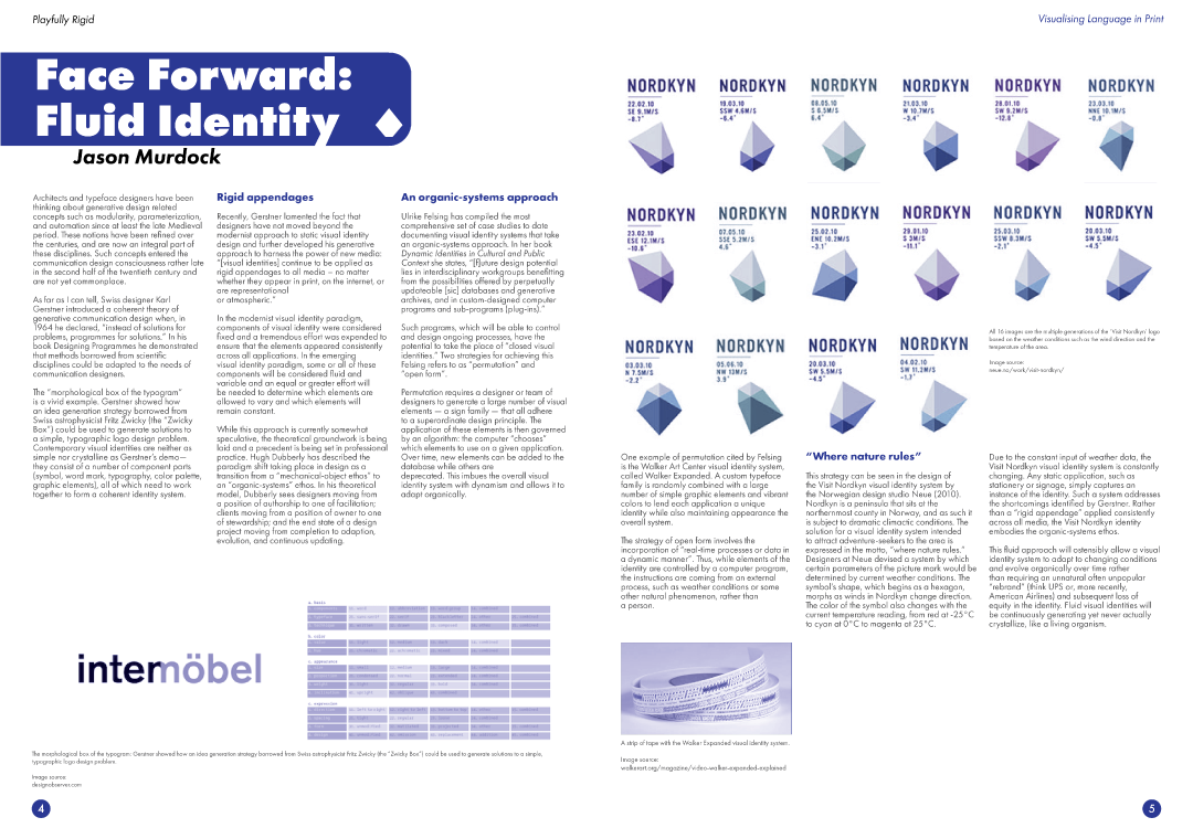 An image of the fourth and fifth pages of the Playfully Rigid tabloid. It features a title saying 'Face Forward: Fluid Identity and has 6 columns of text and images of tables, grids and hexagons.