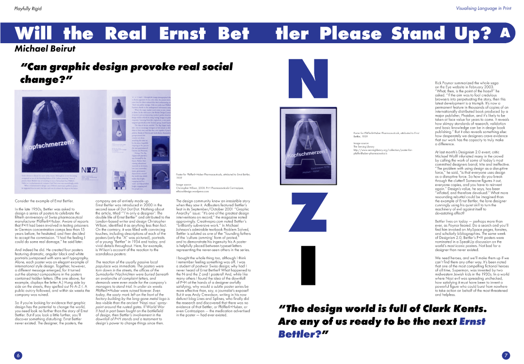 An image of the sixth and seventh pages of the Playfully Rigid tabloid. It features a title saying 'Will the Real Ernst Bettler please stand up' and has 6 columns of text and images. 