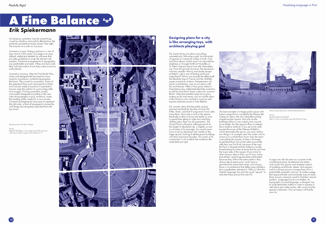 An image of the tenth and eleventh pages of the Playfully Rigid tabloid. It features a title saying 'A fine balance' and an image of saint peters square with lines dividing it into a grid.