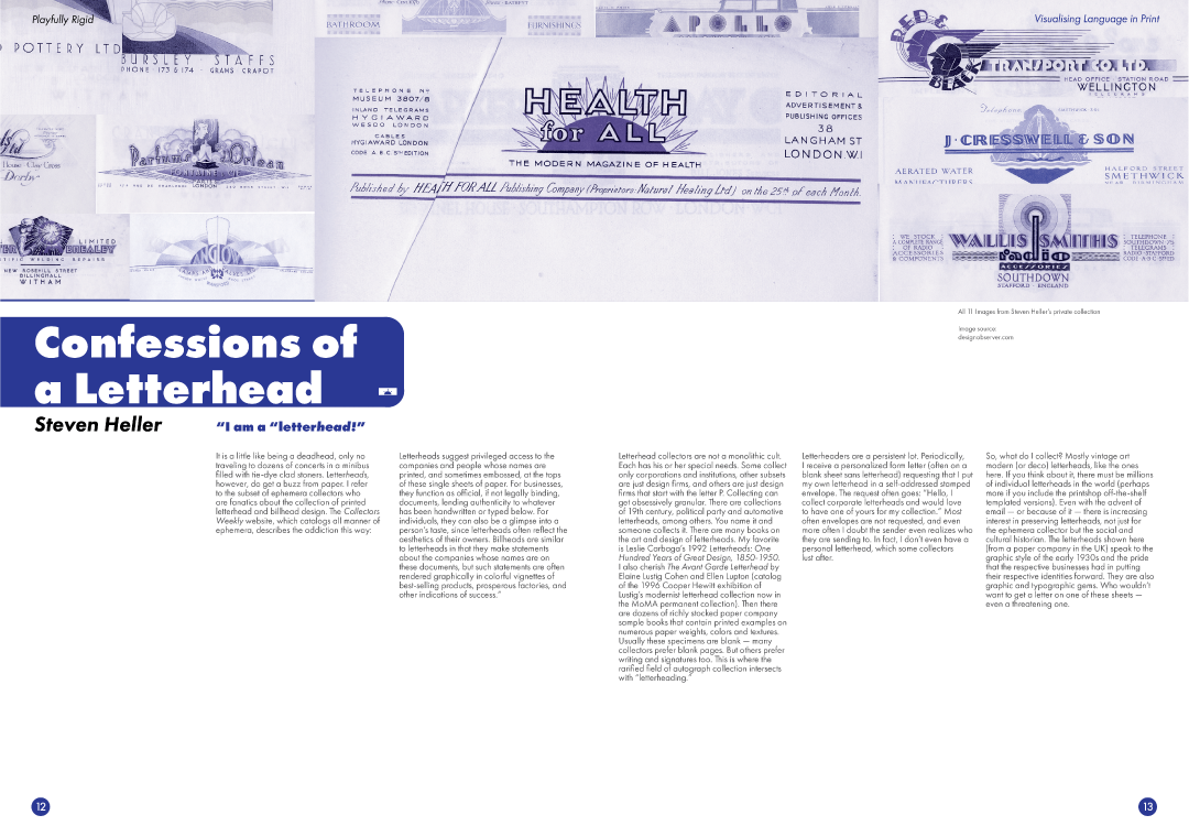 An image of the twelth and thirteenth pages of the Playfully Rigid tabloid. It features a title saying 'Confessions of a Letterhead' and images of letterheads on the top of the page.