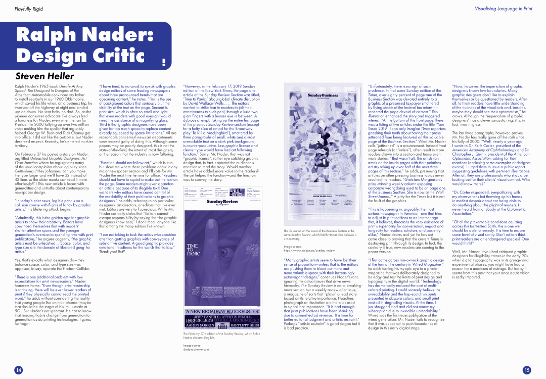 An image of the fourteenth and fifteenth pages of the Playfully Rigid tabloid. It features a title saying 'Ralph Nader: Design Critic' and images of the covers of the Sunday Review.