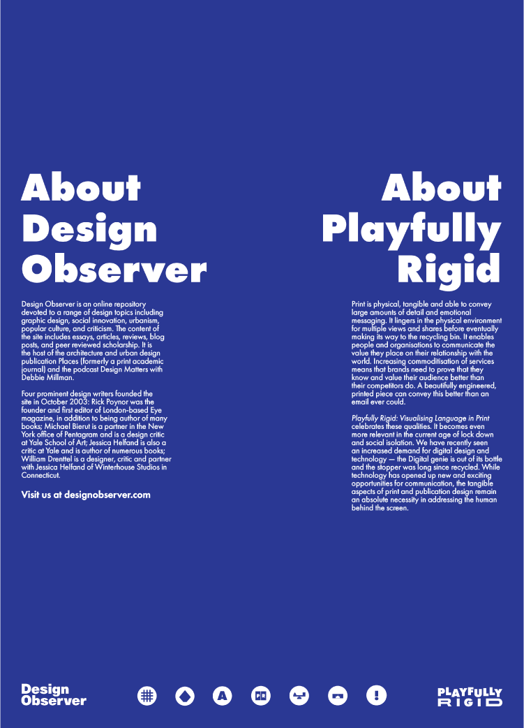 An image of text about Design Observer and Playfully Rigid on a blue background.