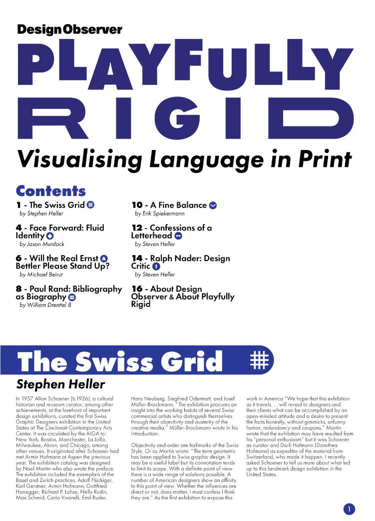 Image of the front cover of Playfully Rigid. The text reads 'Playfully Rigid - Visualising Language in Print' and features the article 'The Swiss Grid' by Stephen Heller